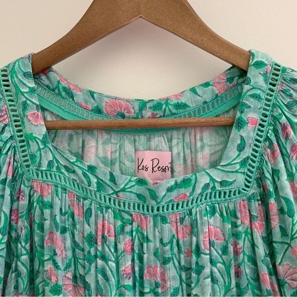 Kos Resort Floral Mini Dress XS Green Short Sleeves - Picture 3 of 9